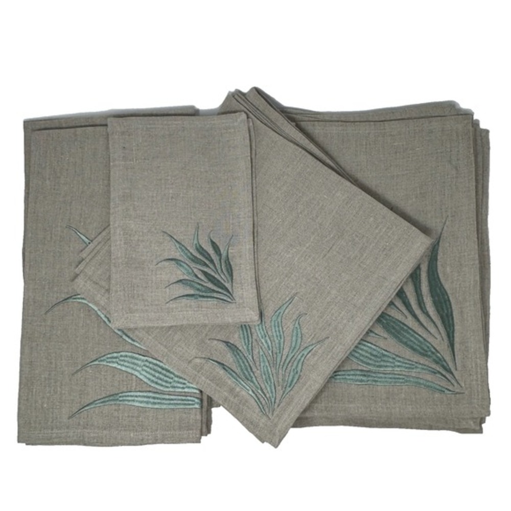 Viabrava 100% Linen Embroidered Placemats Napkins 18 Pieces Botanical Tropical
